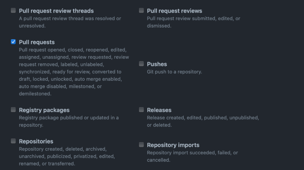 Snímek obrazovky nastavení parametrů webhooků pro zpracování pull request.