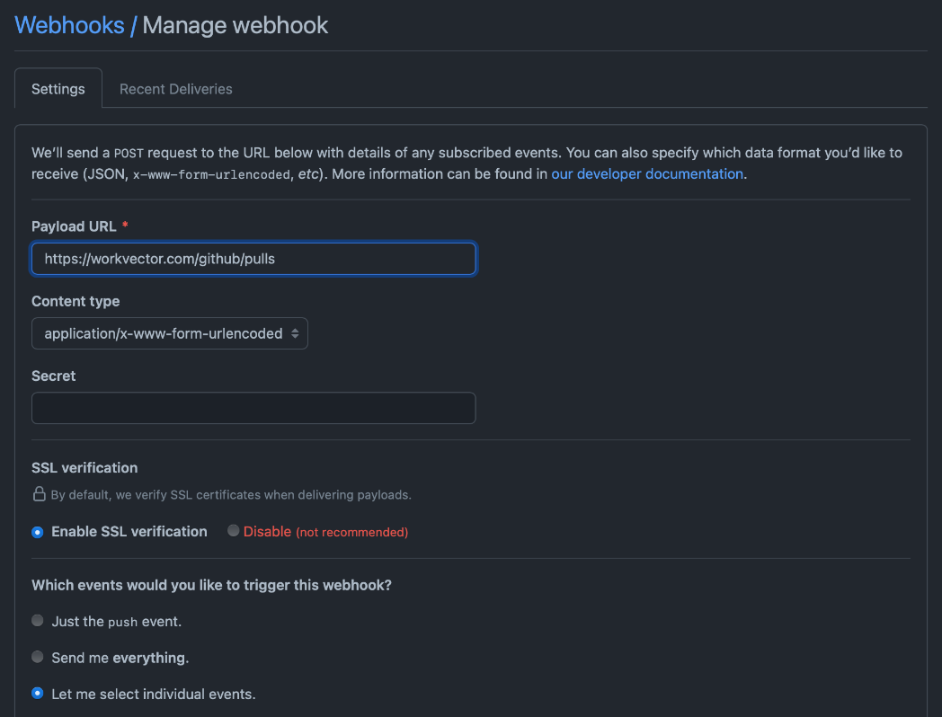 Snímek obrazovky nastavení webhooků pro zpracování pull request.