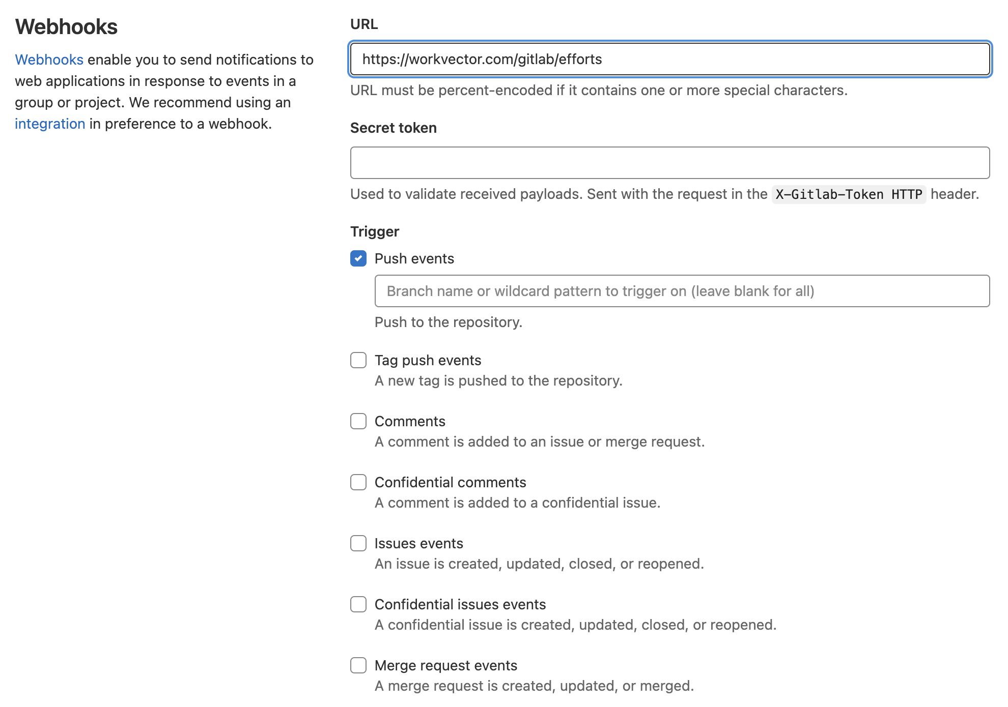 Snímek obrazovky nastavení webhooků pro zpracování commit.