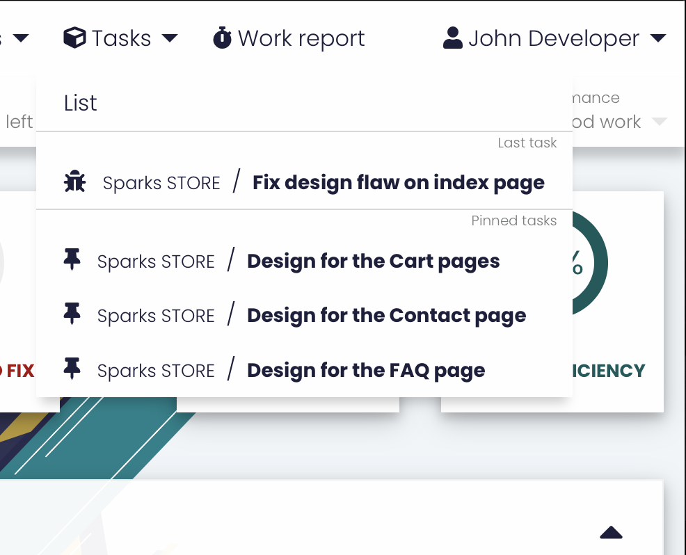 Expanded menu with an overview of tasks.