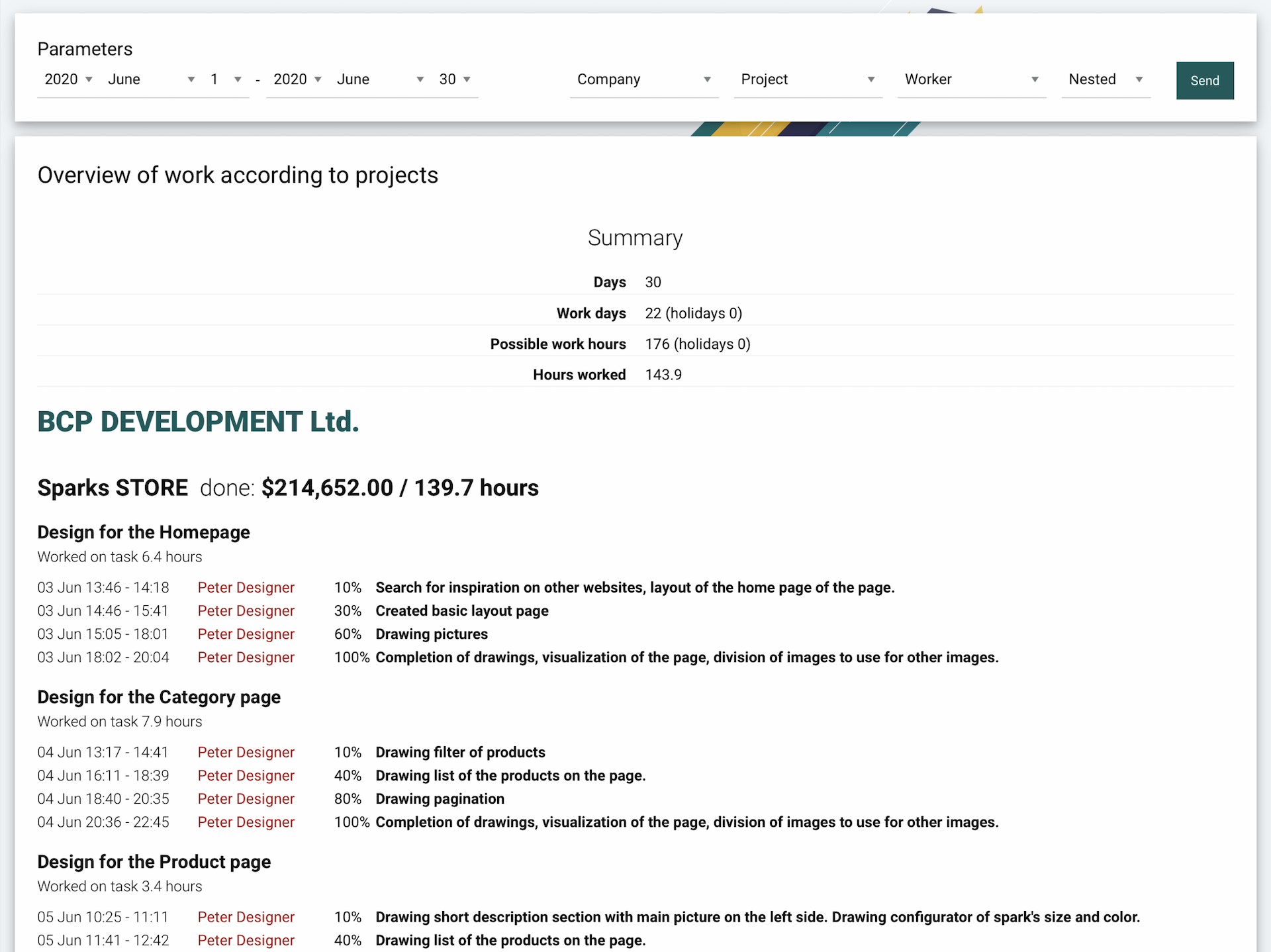 Report with an overview of work performed and tasks on the project, including statistics for billing.